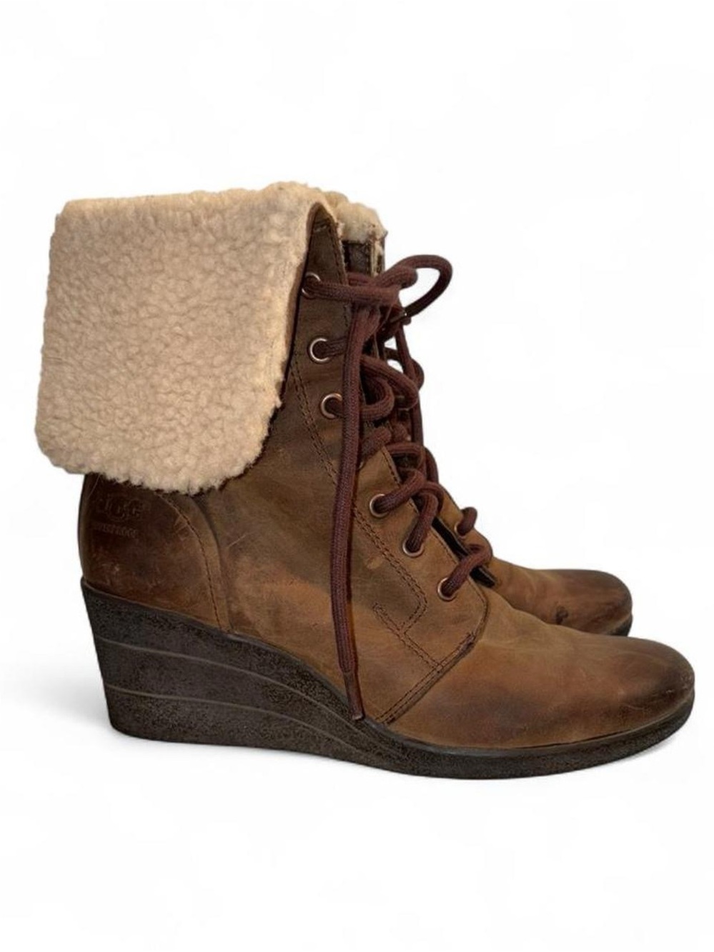 UGG Brown Wedge Lace-Up Ankle Boot with Cream Shearling Cuff